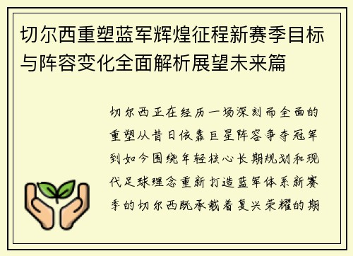 切尔西重塑蓝军辉煌征程新赛季目标与阵容变化全面解析展望未来篇